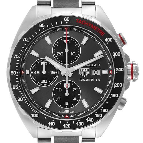The image shows a front view of the Tag Heuer Formula 1 watch, displaying its dial, tachymeter, chronograph sub-dials, and date window.