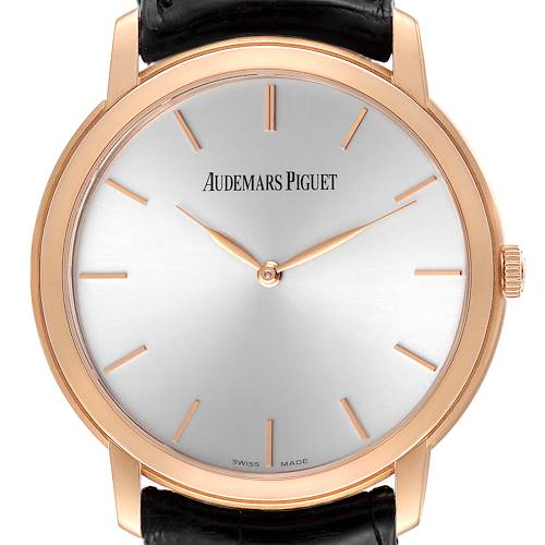 The image shows a front view of a Jules model watch by Audemars Piguet, focusing on the dial, hands, case, and part of the strap.