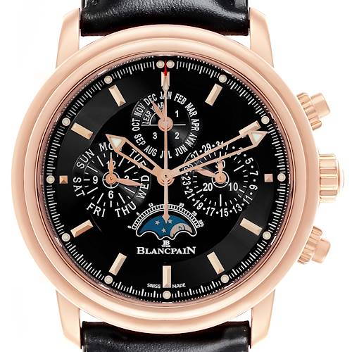 The Blancpain Villeret watch is shown from the front, highlighting its detailed dial and functions.