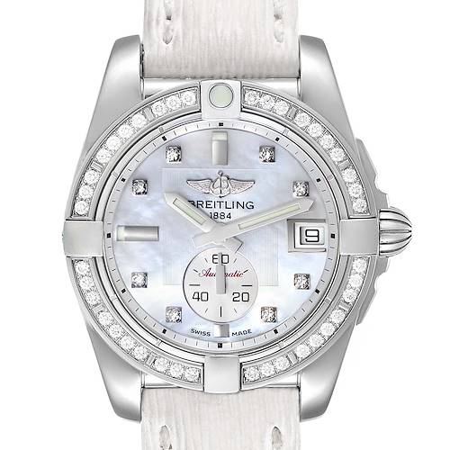 The image shows a front view of the Breitling Galactic 36 MOP Dial Diamond Steel Ladies Watch A37330, highlighting the dial and bezel details.