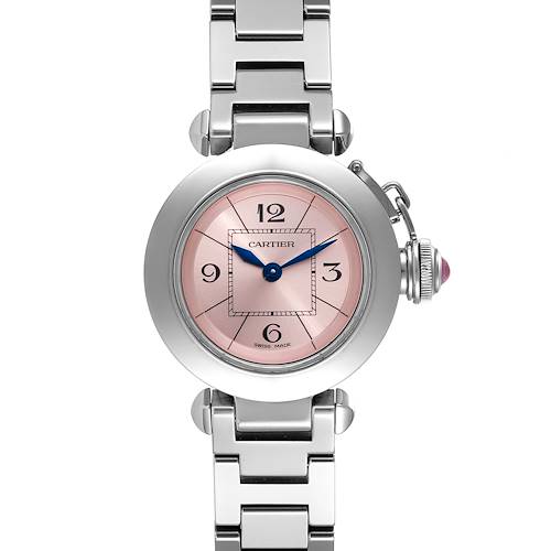 The image shows a front view of the Cartier Pasha watch, highlighting the pink dial, blue hands, and stainless steel bracelet.