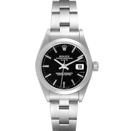 The image shows a front view of the Rolex Date model watch, highlighting the dial, bezel, and bracelet.