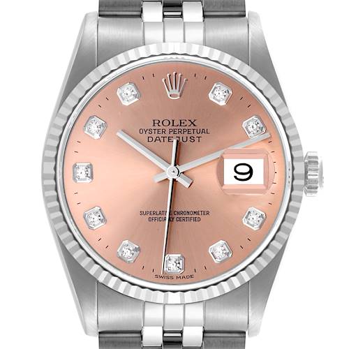 The Rolex Datejust watch face is shown from a front view, highlighting the dial, bezel, crown, and part of the bracelet.
