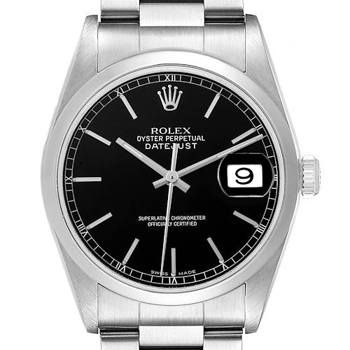 The image shows a front view of the Rolex Date model watch, featuring the dial, hands, bracelet, and date magnifier.