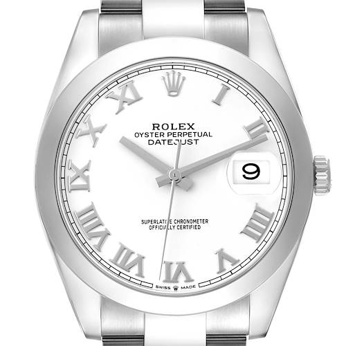 The Rolex Datejust 41 is shown from the front, highlighting the dial, Roman numerals, bezel, and part of the bracelet.