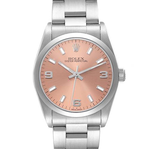 The Rolex Mid-Size Oyster Perpetual is shown from the front, displaying its dial, hands, and bracelet.