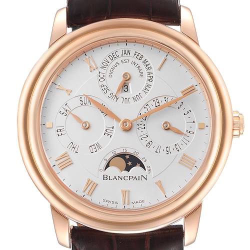 The image shows a frontal view of the Blancpain Villeret watch, highlighting its dial with multiple subdials and a moon phase display.