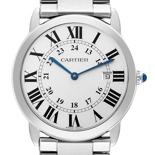 The Cartier Ronde watch is shown front-facing, displaying the dial, hands, bracelet, and part of the crown.