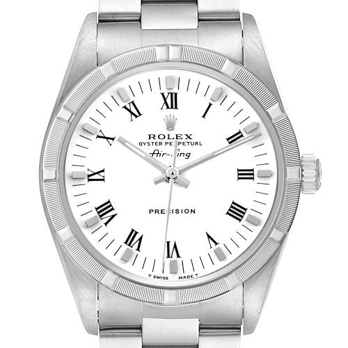 The Rolex Air-King watch is shown from a frontal angle, featuring the bezel, dial, crown, and part of the bracelet.