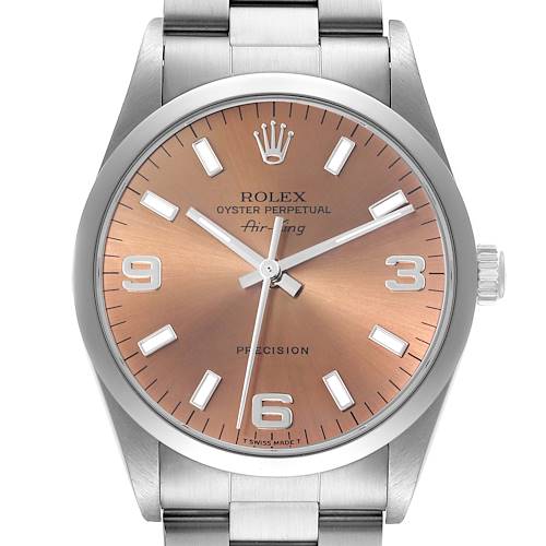 The Rolex Air-King watch is shown from a front angle, displaying the full face and part of the bracelet.