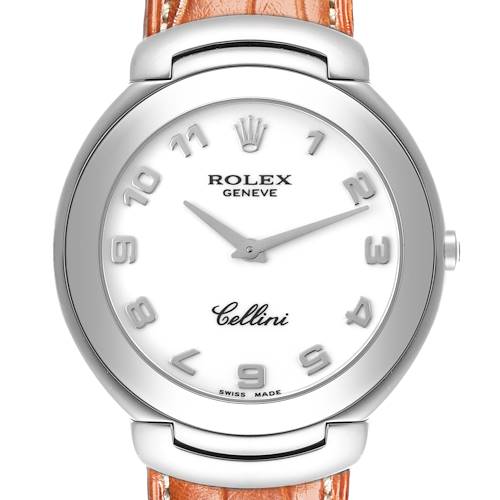 The Rolex Cellini watch is shown from the front, displaying the dial, bezel, and a portion of the leather strap.