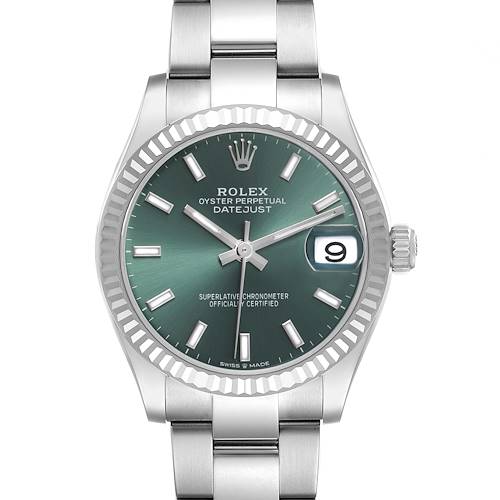 The Rolex Mid-Size watch is shown from the front, displaying the dial, bezel, hands, date, and bracelet.