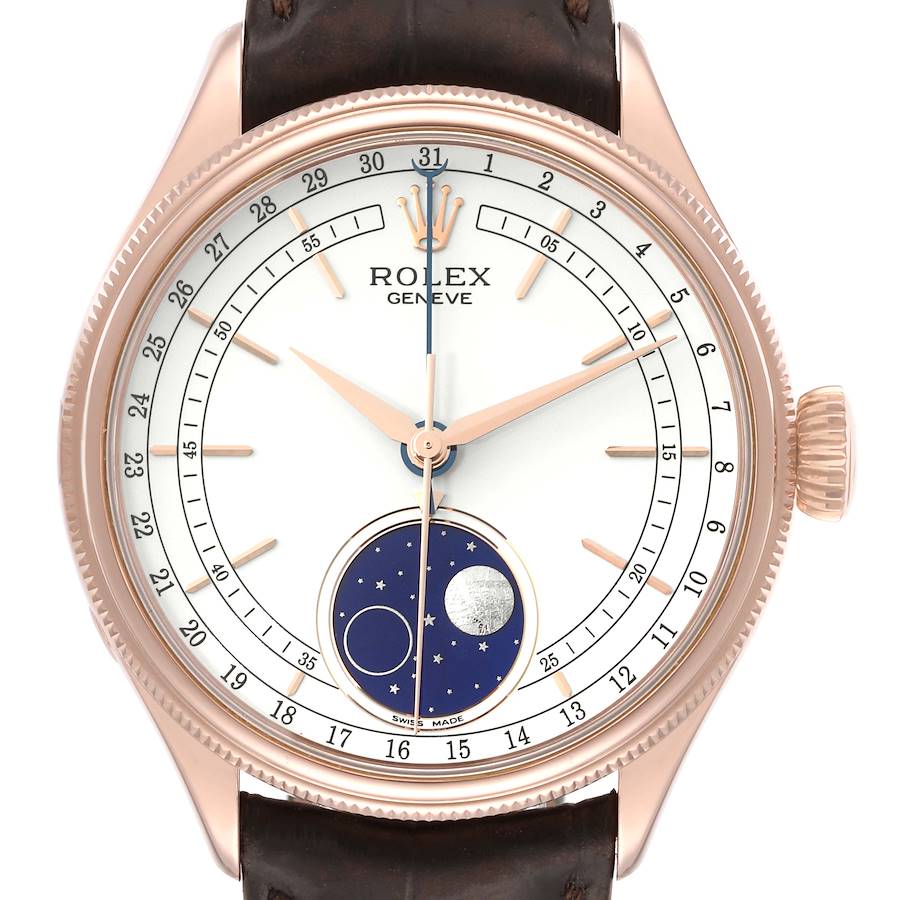 This image shows the face of a Rolex Cellini watch, highlighting its dial, hands, moon phase display, and crown from a top-down angle.