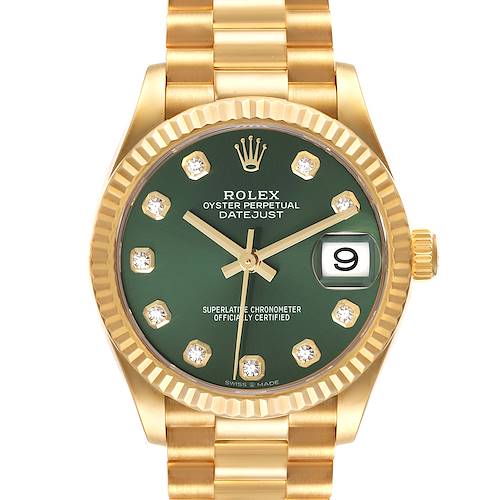 The image shows a front view of a Rolex President model watch with a green dial, gold bracelet, and diamond hour markers.