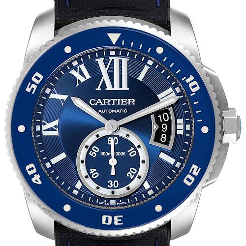 The image shows a front view of the Cartier Calibre de Cartier watch, highlighting the dial, bezel, and crown.