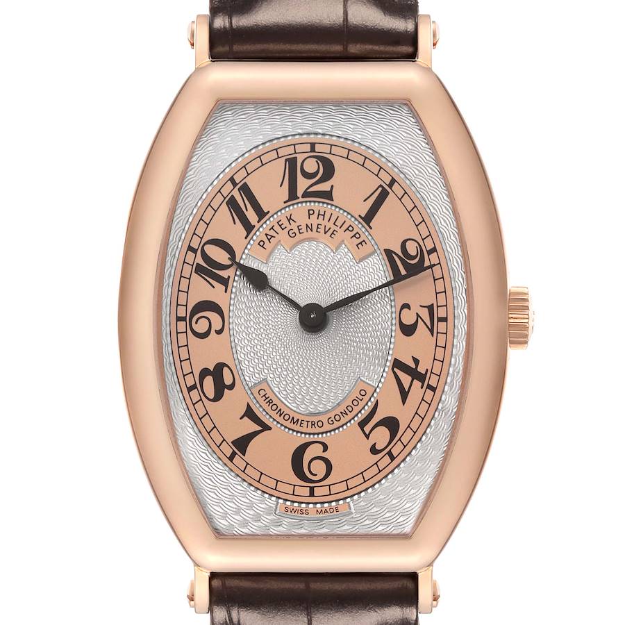 The Patek Philippe Gondolo watch is shown from a straight-on angle, highlighting its dial, case, and strap.