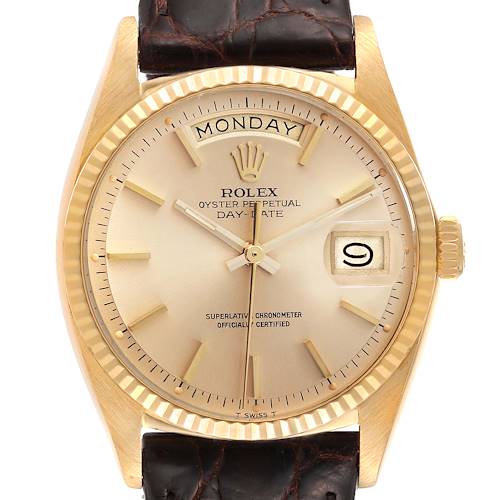 This image shows a frontal view of a Rolex Oyster Perpetual Day-Date watch with a gold case and leather strap.