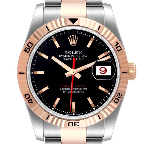 This image shows a front view of the Rolex Turn-o-Graph watch, displaying the face, bezel, and part of the bracelet.