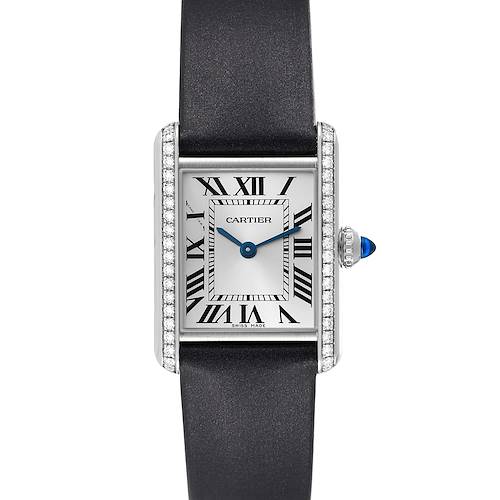 A frontal view of the Cartier Tank Must watch, showing its rectangular face, Roman numerals, and black strap.