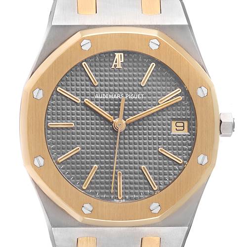The image shows a frontal view of the Audemars Piguet Royal Oak watch, highlighting its octagonal bezel, dial, and hands.