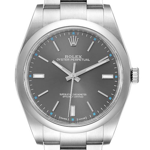 The image shows a front view of a Rolex Oyster Perpetual watch displaying its dial, hands, bracelet, and crown.