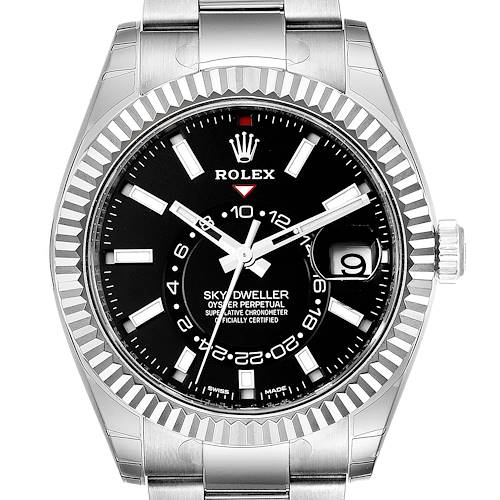 The image shows a front view of the Rolex Sky-Dweller watch, displaying the watch face, bezel, crown, and part of the bracelet.