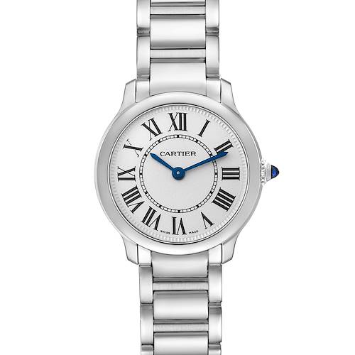 This image shows the front view of a Cartier Ronde model watch, displaying the dial, Roman numerals, and part of the metal bracelet.