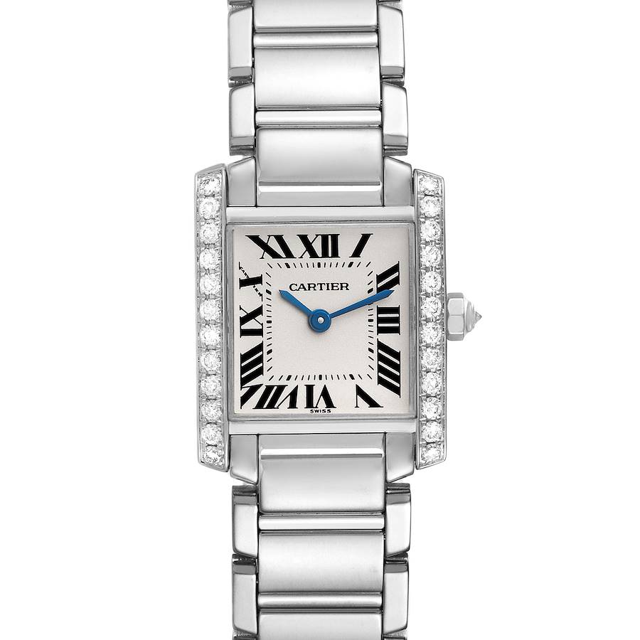 The image shows a front view of a Cartier Tank Francaise watch, highlighting its rectangular face, silver Roman numerals, and metal bracelet.