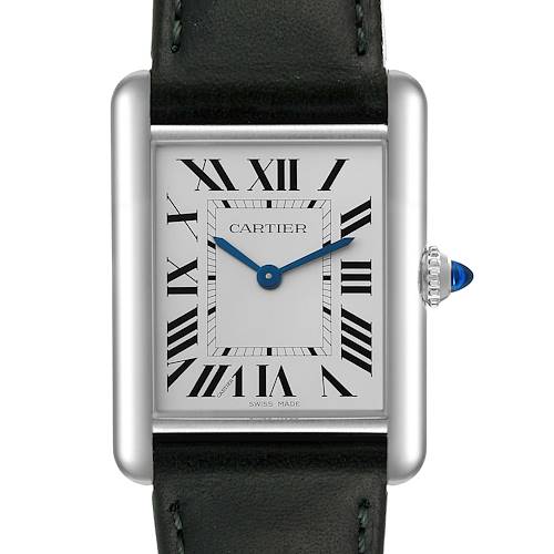 The image shows a front view of the Cartier Tank Must watch, highlighting its rectangular case, Roman numeral dial, and leather strap.