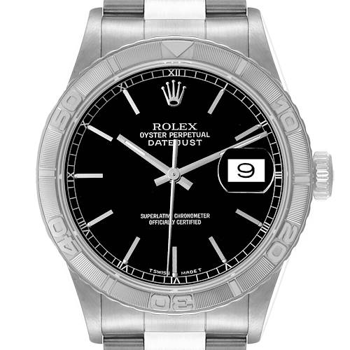The image shows a front view of the Rolex Turn-o-Graph watch, highlighting the dial, bezel, and part of the bracelet.