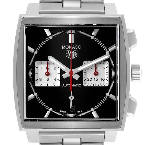 The image shows a front view of the Tag Heuer Monaco watch, highlighting the square dial and metal bracelet.