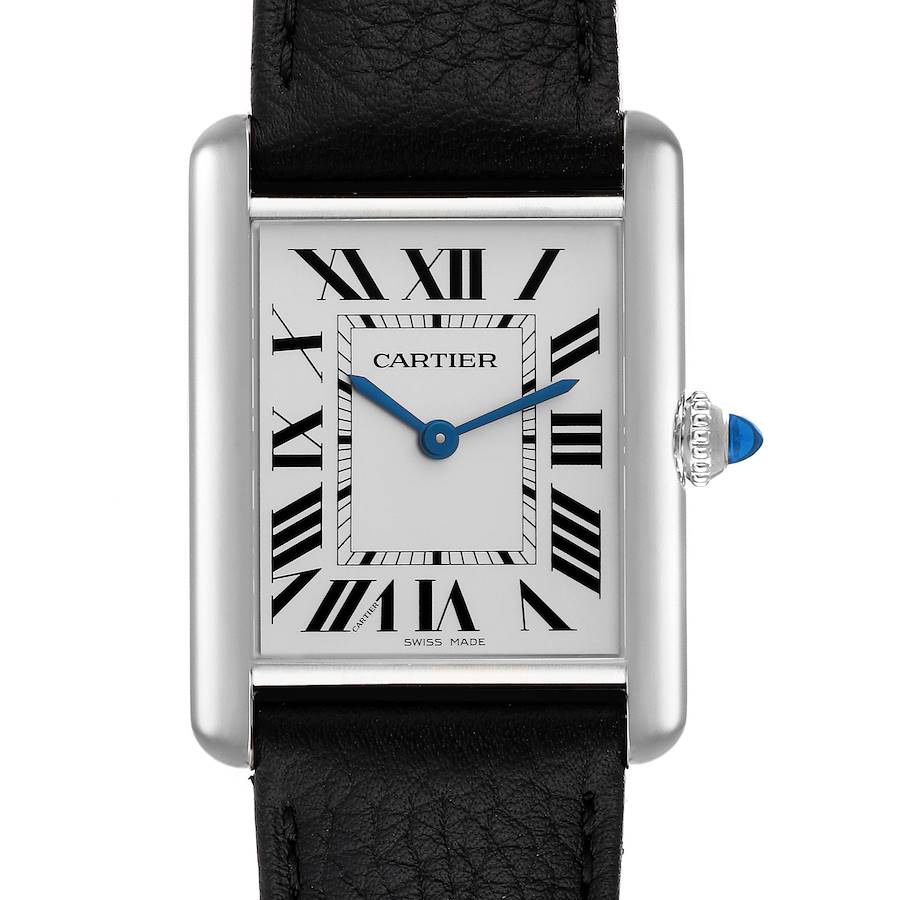 This is a front view of the Cartier Tank Must watch showing the dial, blue hands, Roman numerals, and crown with a blue cabochon.