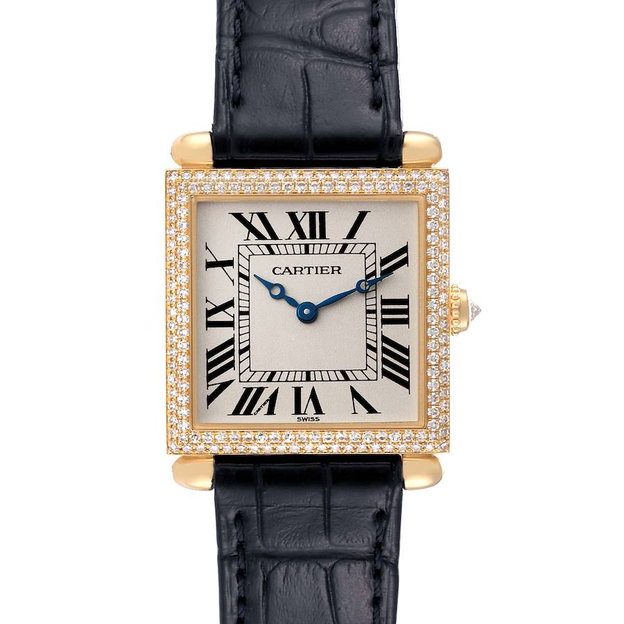 The image shows a frontal view of the Cartier Tank Obus watch, featuring a square face with Roman numerals and a leather strap.