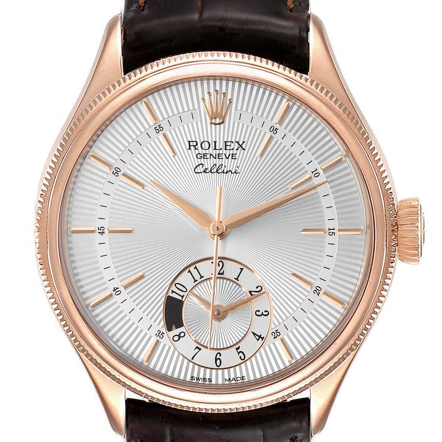 The image shows the face of the Rolex Cellini watch, highlighting its dial, hands, crown, and part of the leather strap.