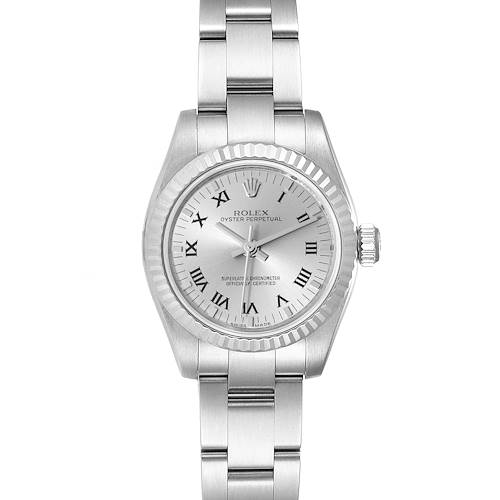 This image shows a frontal view of a Rolex Oyster Perpetual watch, displaying its dial, bezel, and bracelet.