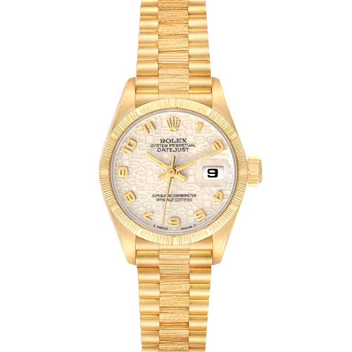 This image shows a front view of the Rolex President model watch, highlighting its face, bezel, crown, and bracelet.