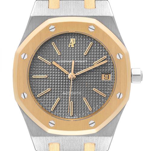 This image shows a front view of the Audemars Piguet Royal Oak watch, highlighting the dial, bezel, and crown.