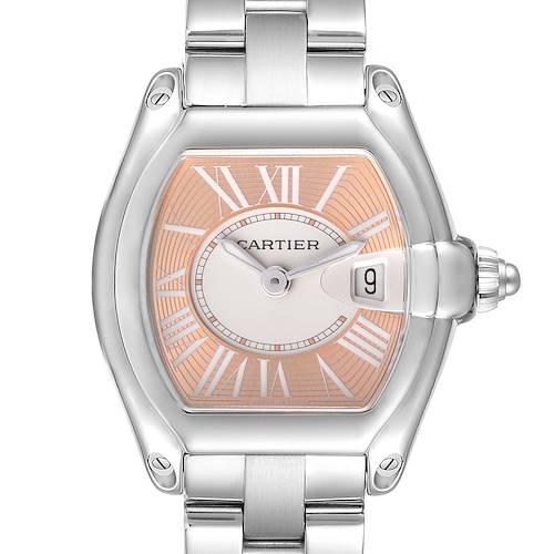 The image shows a Cartier Roadster watch front view, highlighting its face, crown, and part of the bracelet.
