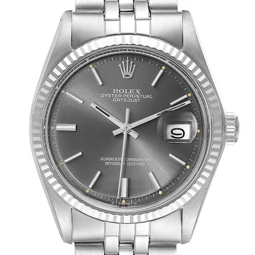 This image shows a front angle of the Rolex Datejust Vintage Collection watch, highlighting the dial, hands, date window, and part of the bracelet.