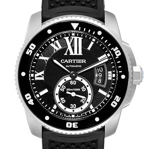 The image shows a front view of a Calibre de Cartier watch by Cartier, featuring its dial, bezel, and crown.