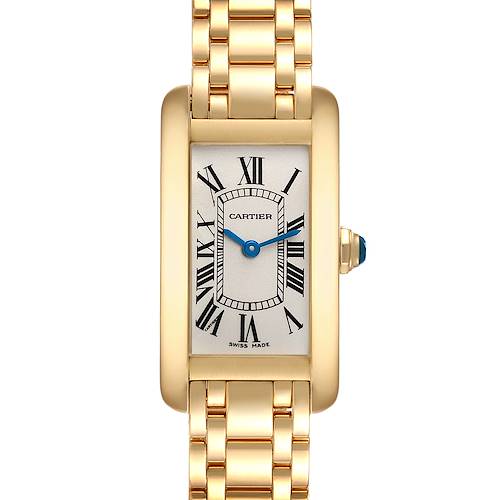 This image shows a frontal view of the Cartier Tank Americaine watch, displaying its rectangular dial and gold bracelet.