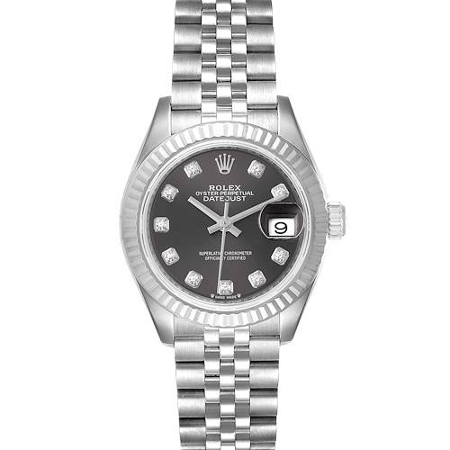 The Rolex Datejust watch is shown from a top-down angle, displaying the face, bezel, and part of the bracelet.