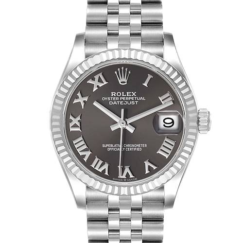 This image shows the front view of a Rolex Oyster Perpetual Datejust Mid-Size watch, displaying the dial, hands, date window, and part of the bracelet.