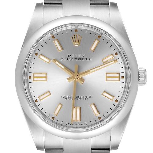 This is a close-up front view of a Rolex Oyster Perpetual watch, showing the dial, hands, crown, and part of the bracelet.