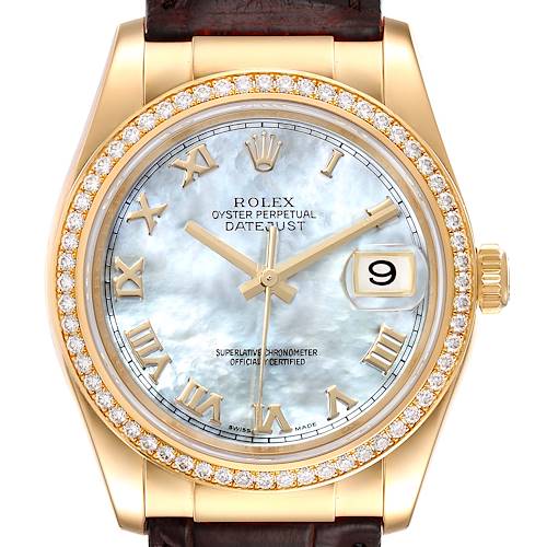 The image shows a frontal view of a Rolex Datejust watch, highlighting its bezel, dial, crown, and leather strap.