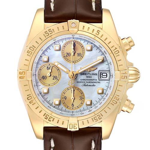 This Windrider model by Breitling is shown from a top-down angle, displaying its face, bezel, and part of the leather strap.