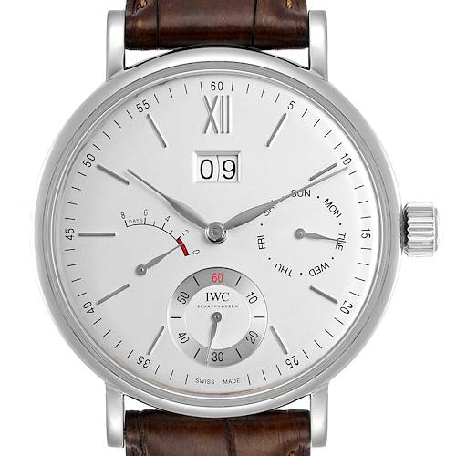 This is a front view of an IWC Portofino watch showing the dial, hands, crown, and part of the leather strap.