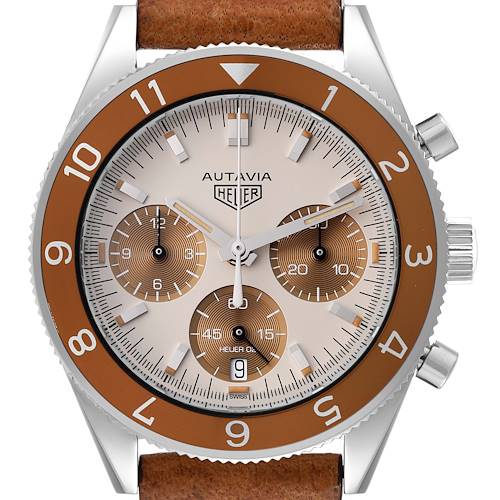 The image shows a front view of the Tag Heuer Autavia Limited Edition watch, displaying the face, bezel, lugs, and pushers.