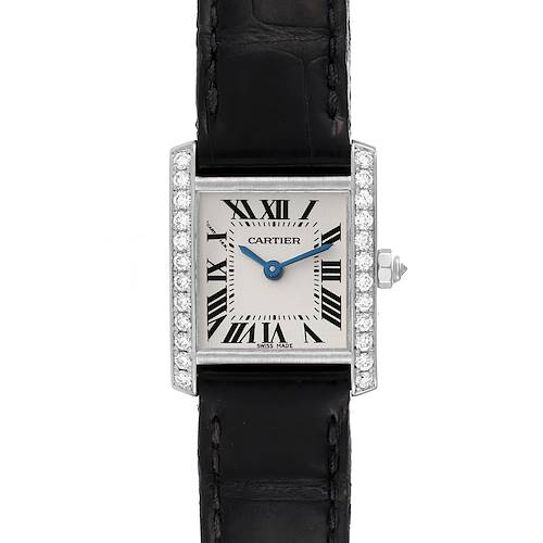 This image shows a frontal view of a Cartier Tank Francaise watch with a black leather strap and a diamond-encrusted bezel.