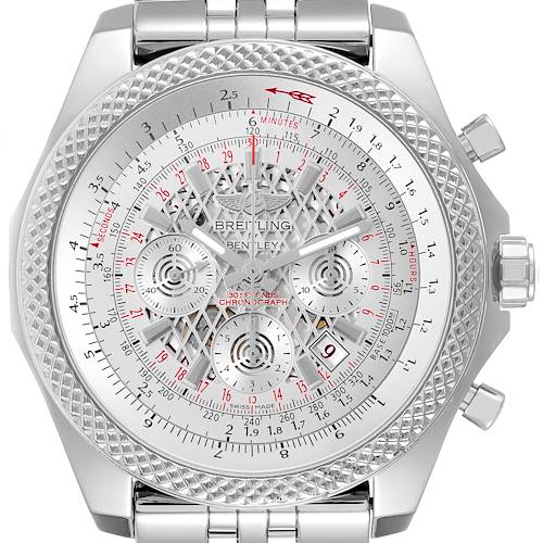 The image shows a front view of the Breitling Bentley watch, highlighting its dial, bezel, and metal bracelet.